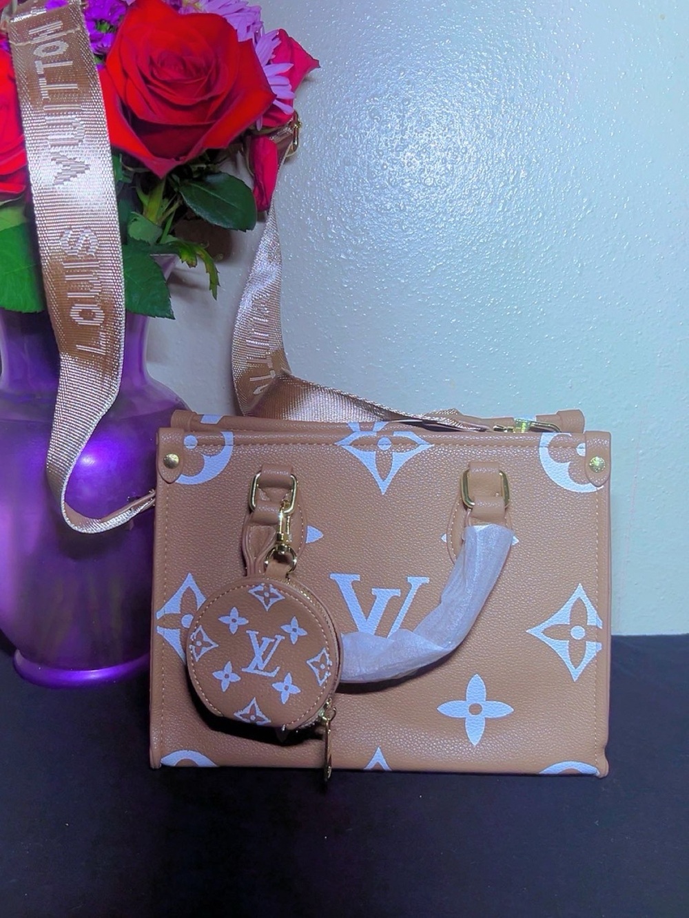 Louis Vuitton Brown and White Monogram Canvas Satchel with Coin Pouch